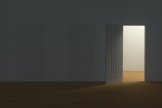Wooden door with white night scene, 3d rendering. photo