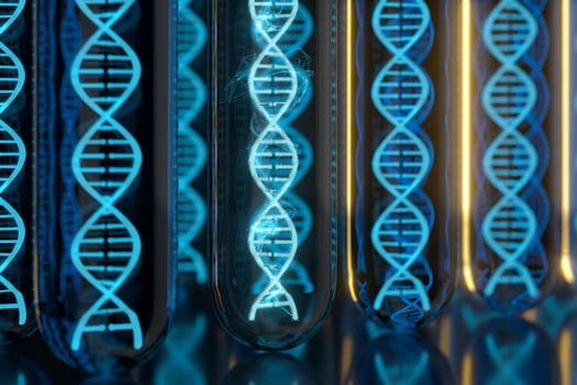 Test tube and chromosomes, DNA and genes,3d rendering. photo