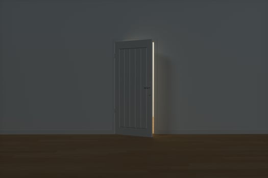 Wooden door with white night scene, 3d rendering. photo