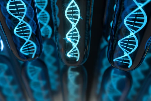 Test tube and chromosomes, DNA and genes,3d rendering. photo