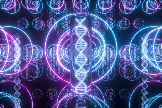 Test tube and chromosomes, DNA and genes,3d rendering. photo