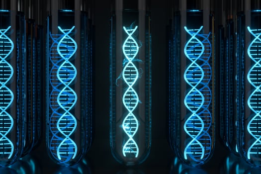 Test tube and chromosomes, DNA and genes,3d rendering. photo