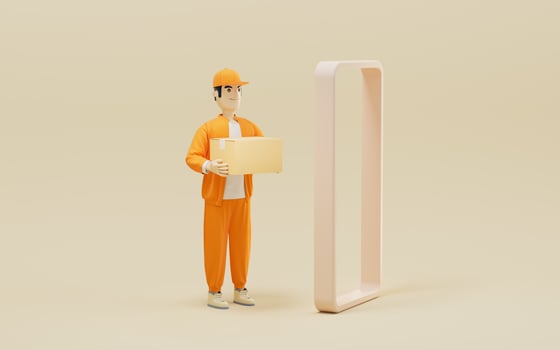 A cartoon deliveryman and gifts, 3d rendering. photo