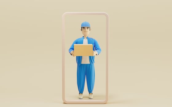 A cartoon deliveryman and gifts, 3d rendering. photo