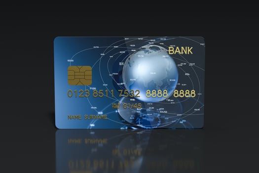 Blue bank card with dark background, 3d rendering. photo