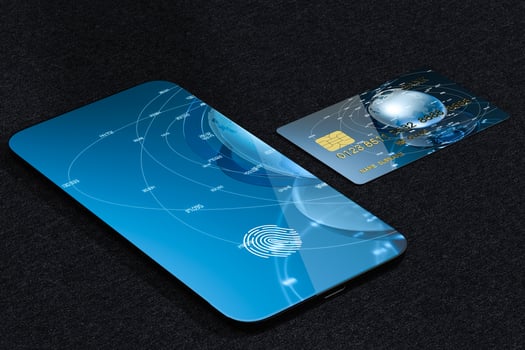 Bank cards and mobile phone with fingerprint identification, 3d rendering photo
