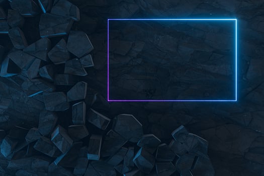 Glowing neon line with cracked rocky ground, 3d rendering. photo