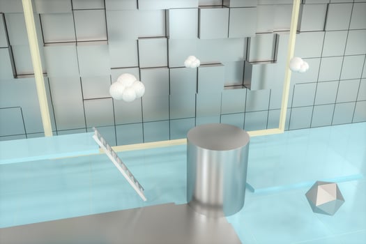Creative cartoon room with a round podium in the centre, 3d rendering, photo