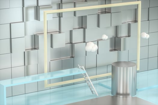 Creative cartoon room with a round podium in the centre, 3d rendering, photo