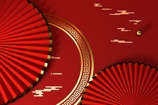 Red Chinese style fan, traditional decoration, 3d rendering. photo
