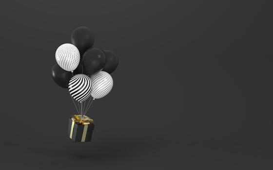 Balloons and presents with black background, 3d rendering. photo