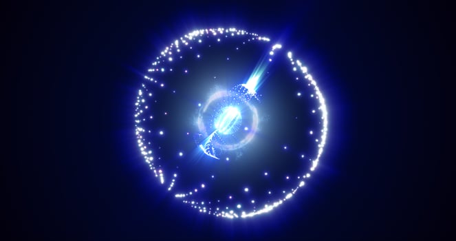 Abstract energy sphere with flying glowing bright blue particles, science futuristic atom with electrons hi-tech background photo