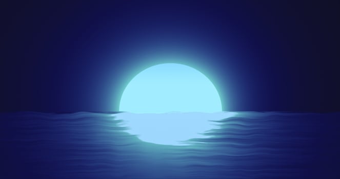 Abstract blue moon over water sea and horizon with reflections background photo