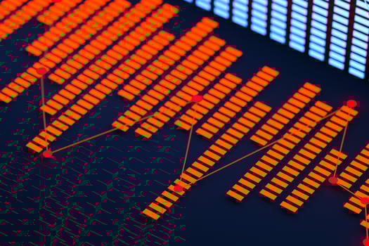 Business chart with line graph, bar chart and numbers on dark background, 3d rendering photo