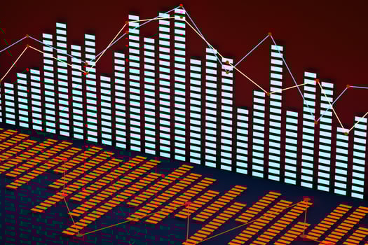 Business chart with line graph, bar chart and numbers on dark background, 3d rendering photo