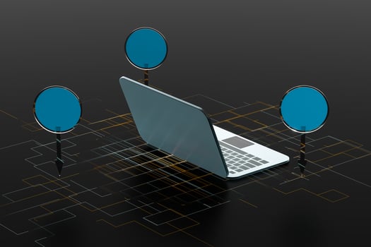Laptop with black background, technological concept, 3d rendering. photo