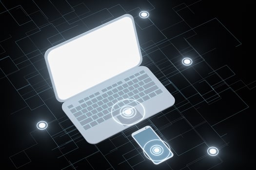 Laptop and phone with black background, technological concept, 3d rendering. photo