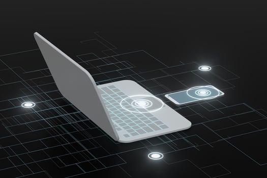 Laptop and phone with black background, technological concept, 3d rendering. photo