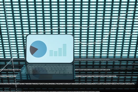 Fluorescent laptop,geometry of data, 3d rendering. photo