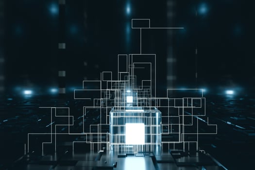 Glowing cubes with circuit lines with dark background, 3d rendering. photo