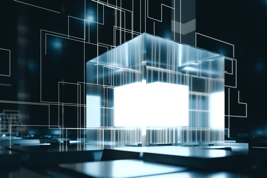 Glowing cubes with circuit lines with dark background, 3d rendering. photo