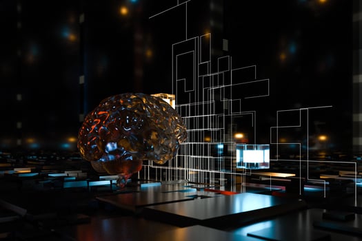 Brain and dark cubic space background, 3d rendering. photo