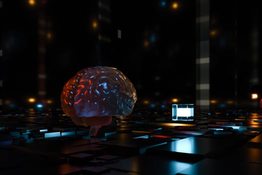Brain and dark cubic space background, 3d rendering. photo