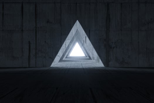 Dark room with a glowing and bright door, 3d rendering. photo