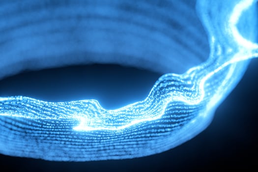 Glowing and flowing particles with dark background, 3d rendering. photo