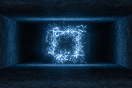 The particles with geometrical shape in a dark room, 3d rendering. photo