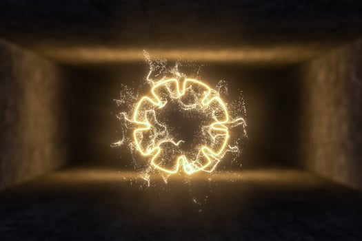 The particles with geometrical shape in a dark room, 3d rendering. photo