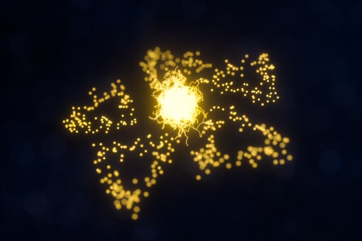 Glowing triangles and particles with dark background, 3d rendering. photo