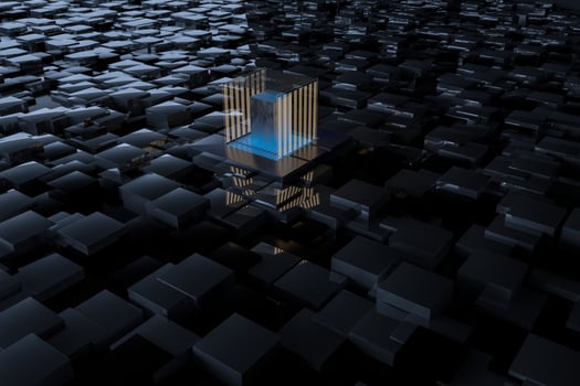 Blue and golden cube with glass material, 3d rendering. photo
