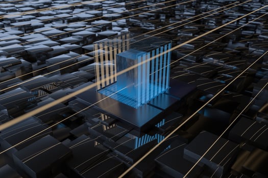 Blue and golden cube with glass material, 3d rendering. photo