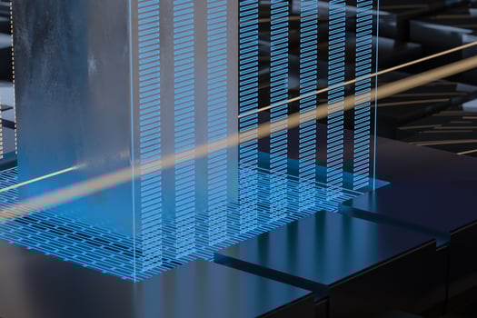Blue and golden cube with glass material, 3d rendering. photo