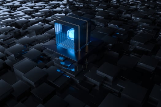 Blue and golden cube with glass material, 3d rendering. photo