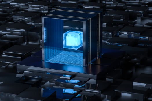 Blue and golden cube with glass material, 3d rendering. photo