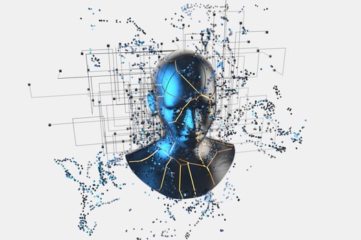 Blue metal human head with particles, 3d rendering. photo