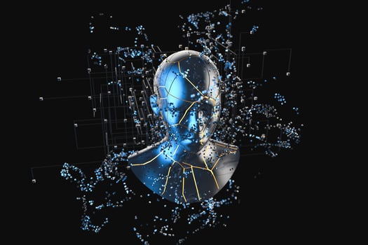 Blue metal human head with particles, 3d rendering. photo