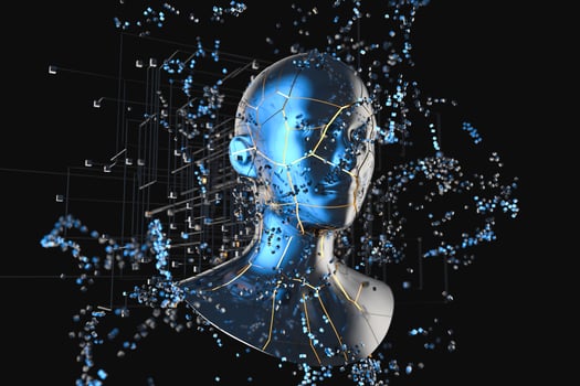 Blue metal human head with particles, 3d rendering. photo