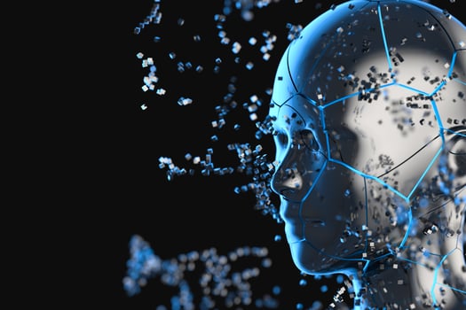 Blue metal human head with particles, 3d rendering. photo