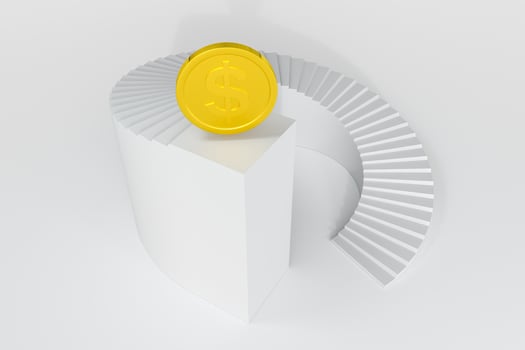 Round staircase, with golden coin on the top platform, 3d rendering. photo
