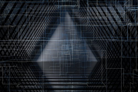 Dark triangle tunnel with glowing hud lines, 3d rendering photo