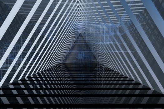 Dark triangle tunnel with glowing hud lines, 3d rendering photo