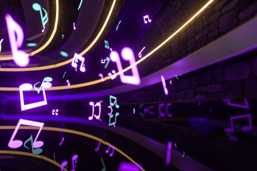 Music notes with dark background, floating notes, 3d rendering. photo