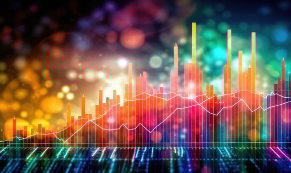 Financial stock market graph and candlestick chart on abstract background. Double exposure photo