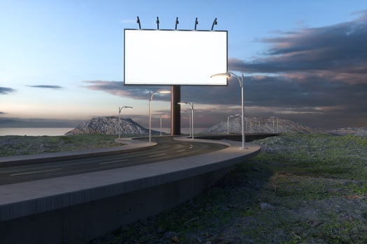 Blank advertising board and winding road, 3d rendering photo