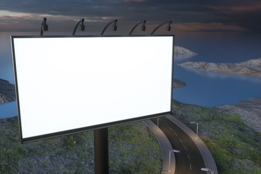 Blank advertising board and winding road, 3d rendering photo