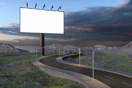 Blank advertising board and winding road, 3d rendering photo
