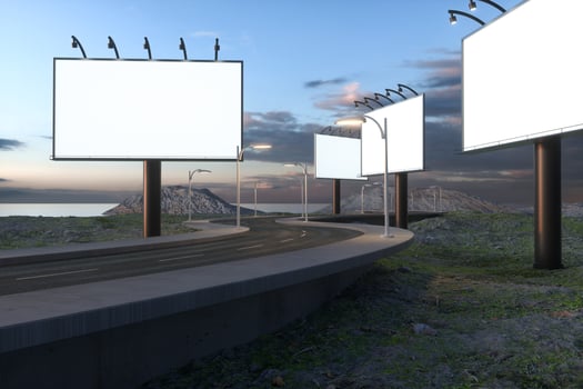 Blank advertising board and winding road, 3d rendering photo